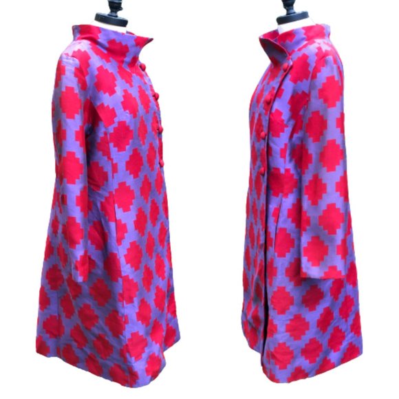 Vtg 50s/60s Silk Geometric Print Funnel Neck Topper Jacket Coat Dress Lou-Ette - Picture 4 of 15